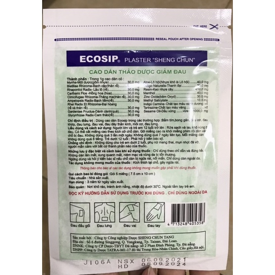 ECOSIP THẢO DƯỢC GIẢM ĐAU 1GÓI / 5MIẾNG