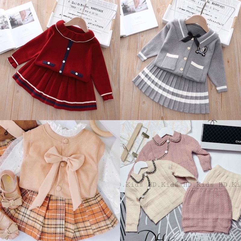 Set váy len bé gái, váy len cho bé, set váy trẻ em 3 chi tiết cho bé gồm áo tay bồng, gile nơ và chân váy caro xoè