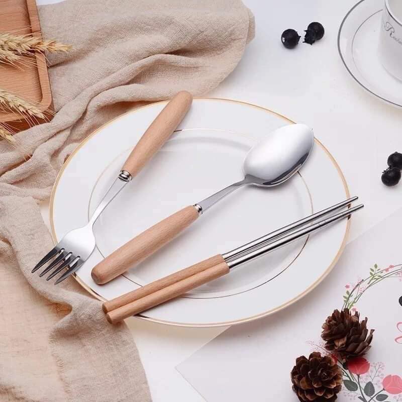 Set 3 Món Đũa -Thìa - Dĩa Inox Tiện Lợi, Bộ Thìa - Đũa - Dĩa Nhỏ Gọn Tiện Dụng