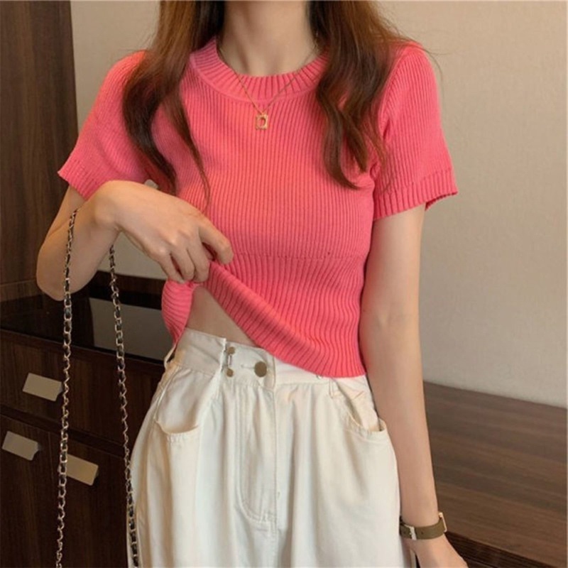 Áo Thun Dệt Kim Tay Ngắn Cổ Tròn Màu Sắc Đơn Giản Thời Trang Mùa Hè Cho Nữ