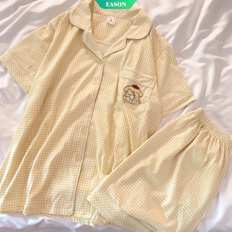 Bộ Đồ Ngủ Pijama Ngắn Tay Cổ Bẻ Họa Tiết Caro Phối Cục Bông pom pom Dễ Thương Dành Cho Nữ 2022