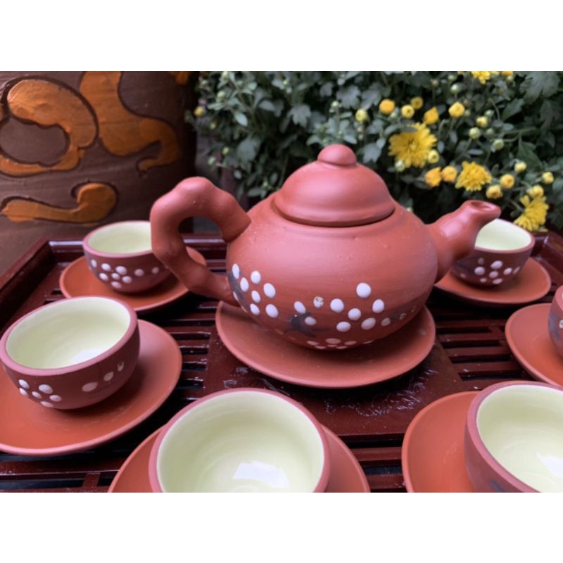 Bộ Ấm Chén Đất Bát Tràng Cao Cấp Hoa Trắng