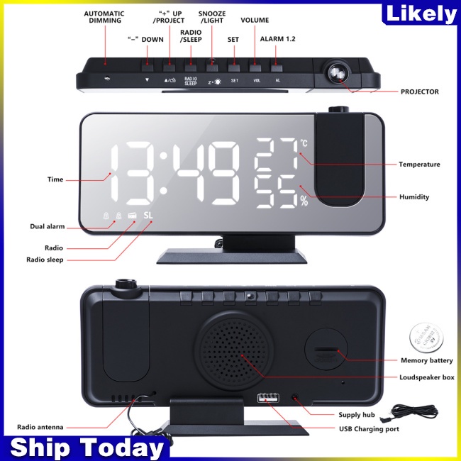 Đồng Hồ Báo Thức Kỹ Thuật Số Có Đèn Led Chiếu Tích Hợp Đài Fm Xoay 180 Độ Độc Đáo