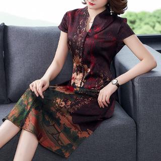 Đầm lụa dáng ôm in họa tiết kiểu retro thanh lịch cho nữ