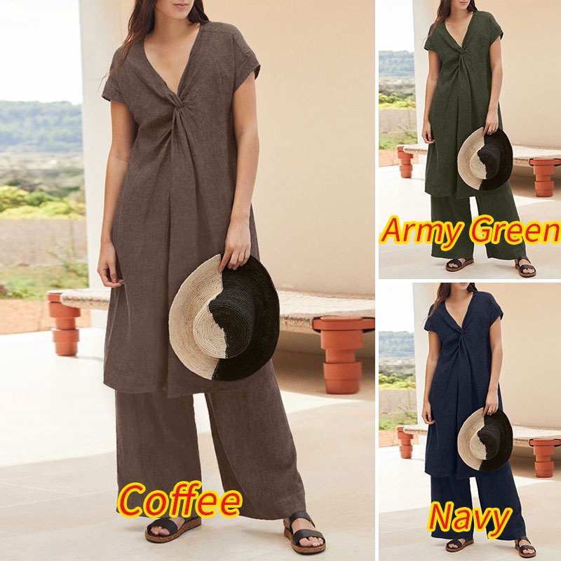 Set đồ 2 món ZANZEA áo tay ngắn cổ chữ V màu trơn thời trang dành cho nữ