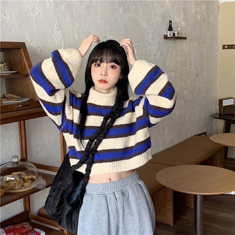 COZOK Áo len cổ cao họa tiết kẻ sọc phong cách Vintage