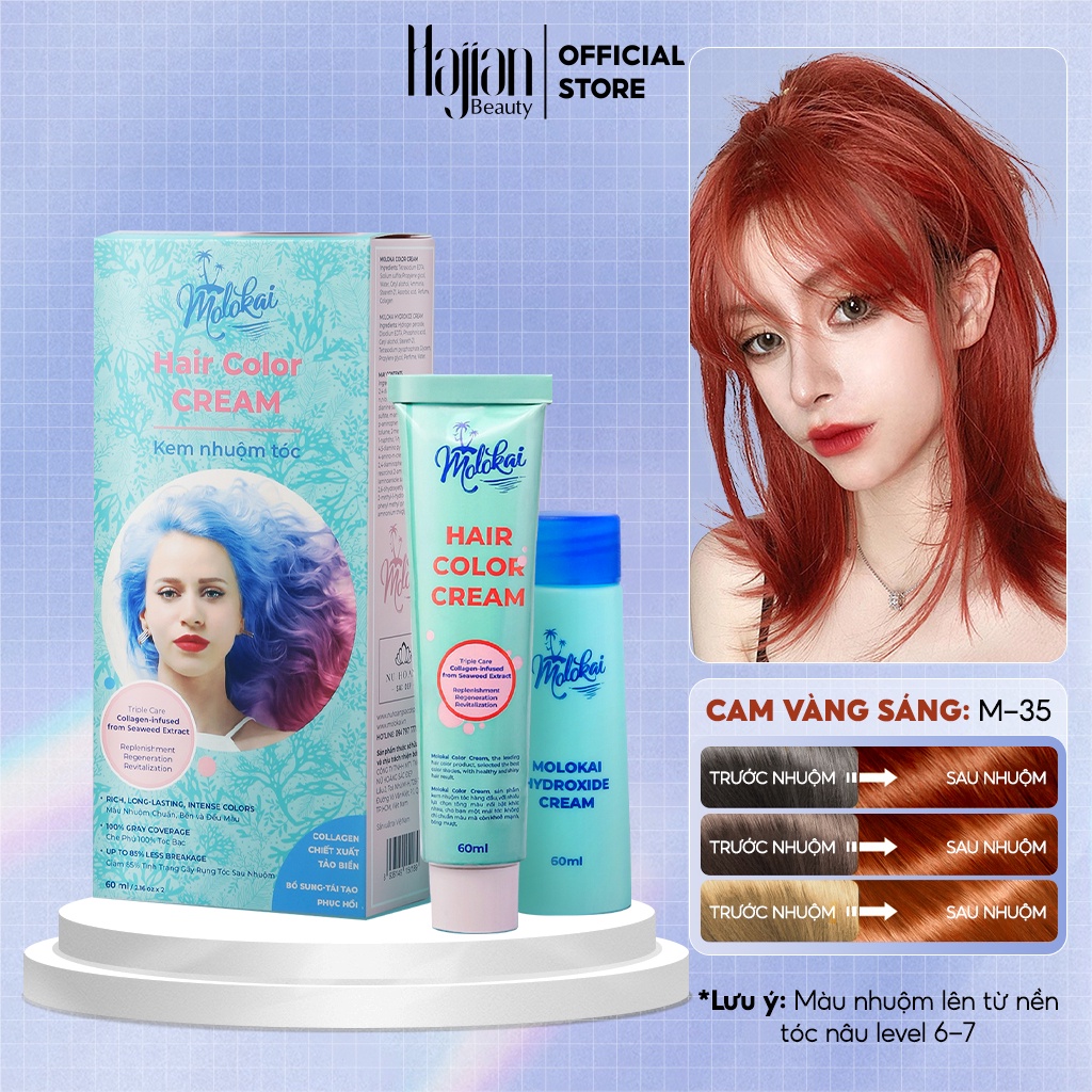 Thuốc nhuộm tóc Molokai màu cam vàng sáng 60ml M-35, nhuộm tóc tại nhà chứa collagen tảo biển siêu dưỡng - Hajian Beauty