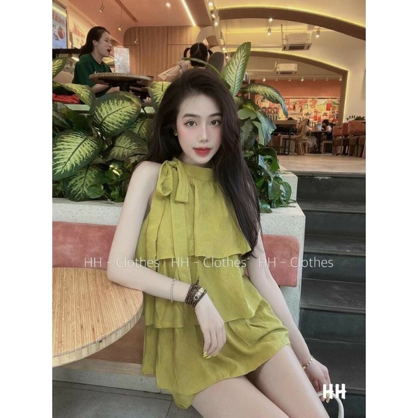 Bộ cộc đùi áo tầng cổ yếm buộc nơ vải đũi tơ