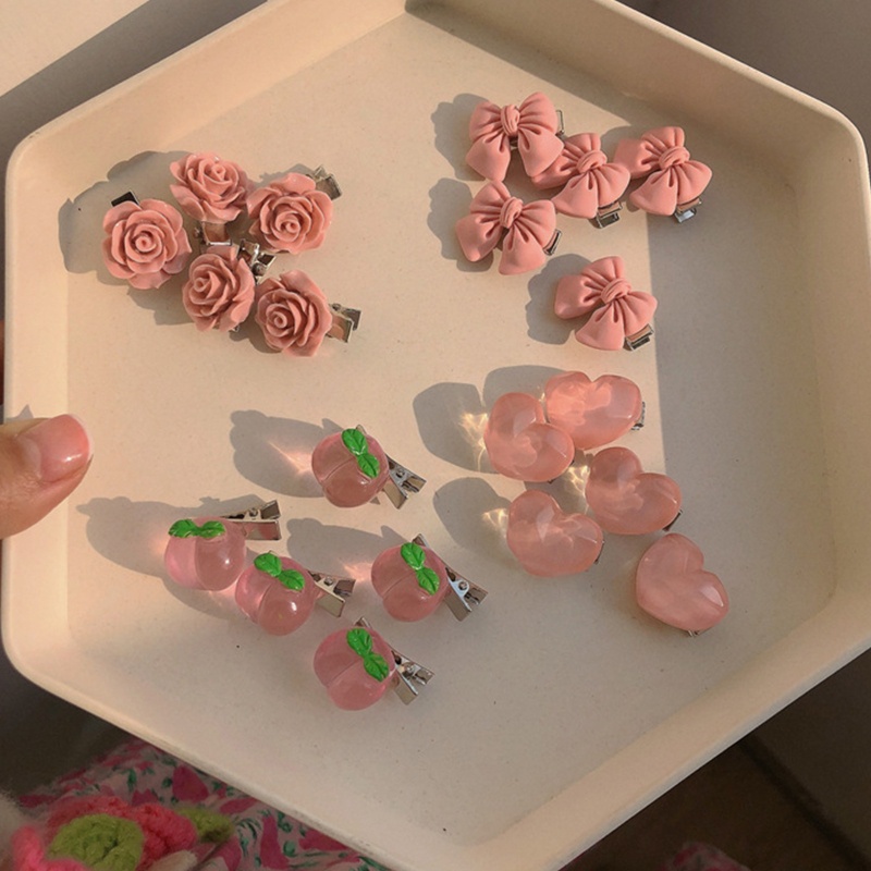 Set 5 Kẹp Tóc Hình Trái Tim / Hoa Trà / Trái Tim Màu Hồng Xinh Xắn Thời Trang Dự Tiệc Cho Nữ