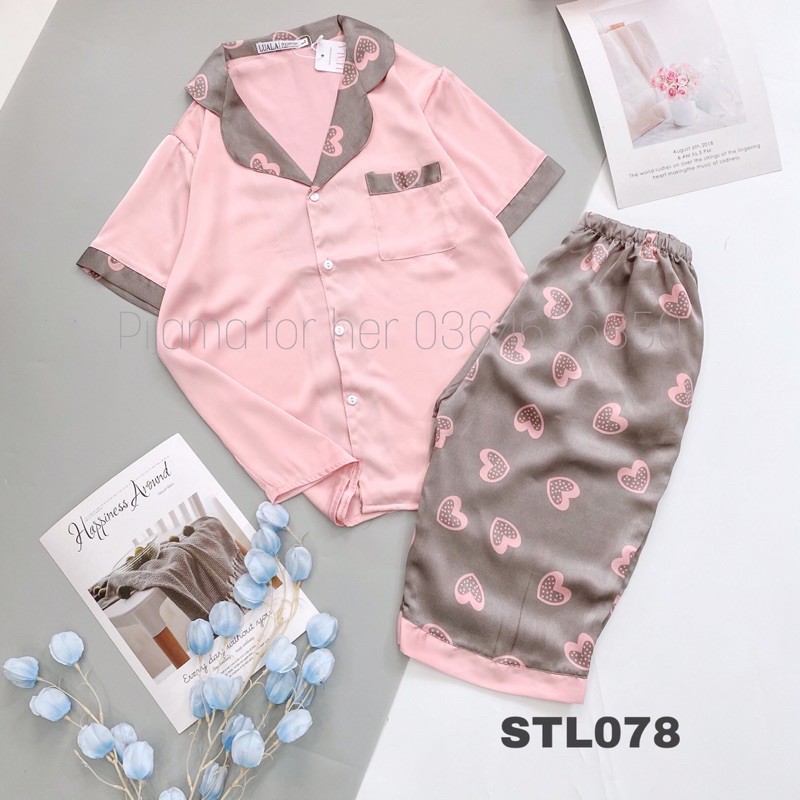 Bộ Pijama ngố Pizama quần lửng hoạ tiết hình tim cực xinh | BigBuy360 - bigbuy360.vn