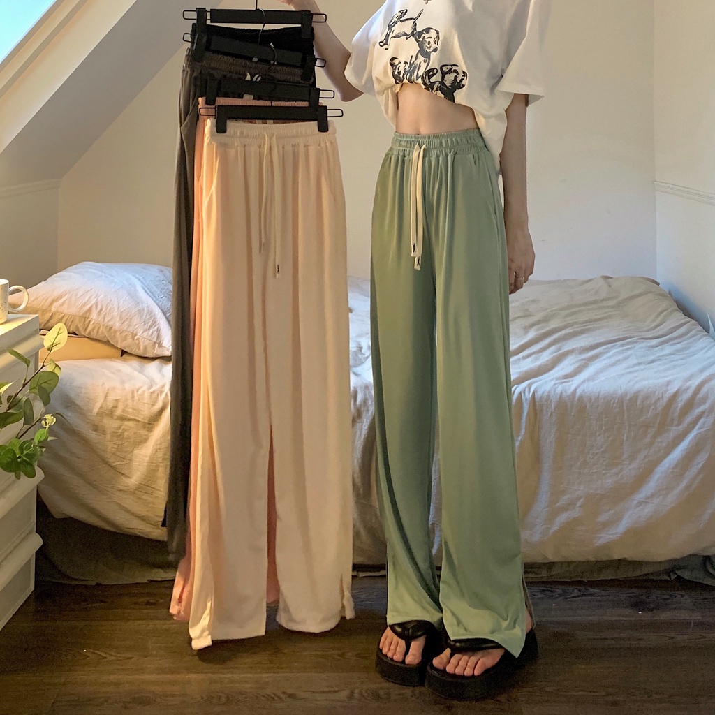 Quần ống rộng Lưng Cao Vải Lụa Mát Mỏng Phối Dây Rút 5 Màu Sắc Trẻ Trung