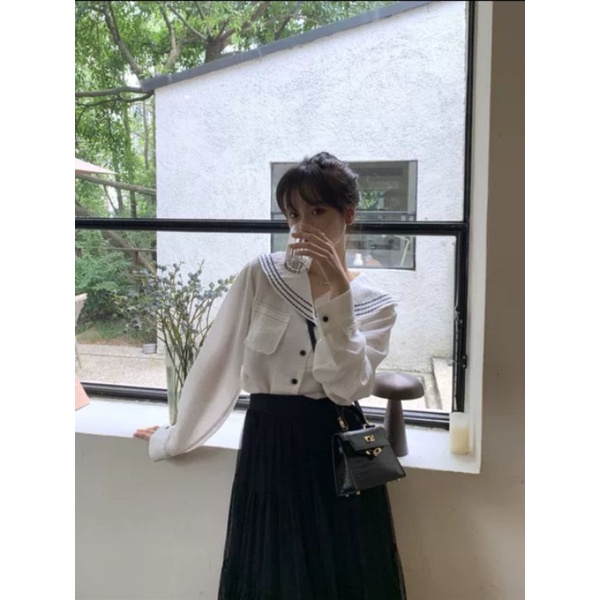 Áo sơ mi cổ thủy thủ viền chỉ nổi vintage hàn quốc