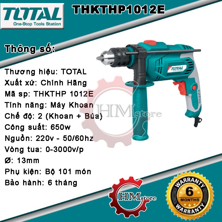 [Chính hãng] Bộ máy khoan búa cầm tay TOTAL THKTHP 1012E- Máy khoan búa 13mm 650w BH 6 tháng