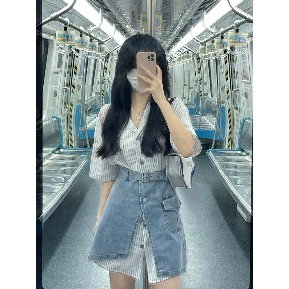 Set Áo Sơ Mi Ngắn Tay Kẻ Sọc + Chân Váy Denim Thời Trang Cho Nữ