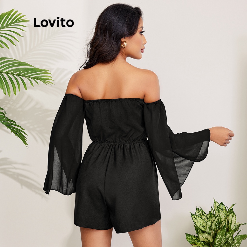 Áo liền quần Lovito trễ vai tay phồng ống rộng màu trơn phong cách lãng mạn L27LD158 (màu đen)