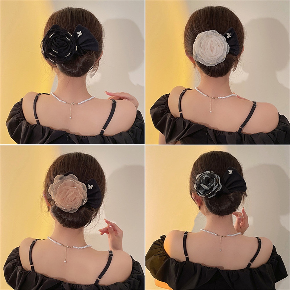Băng Đô Cài Tóc Đính Hoa Trà Đen Trắng Thời Trang Cho Nữ