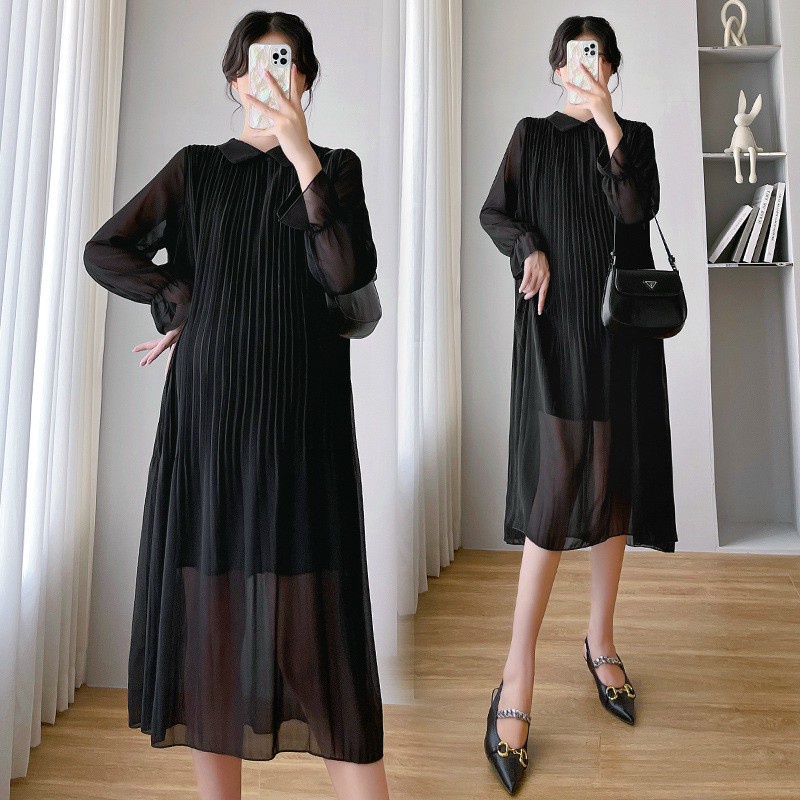 Váy bầu thu đông thời trang thiết kế dự tiệc dài tay chất voan hai lớp freesize dưới 75kg