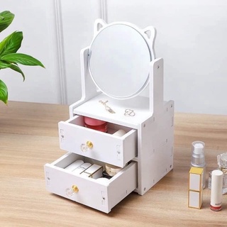 Kệ đựng mỹ phẩm 2 tầng mini gương tai mèo xinh xắn đựng nước hoa, son phấn, đựng đồ trang điểm thông minh