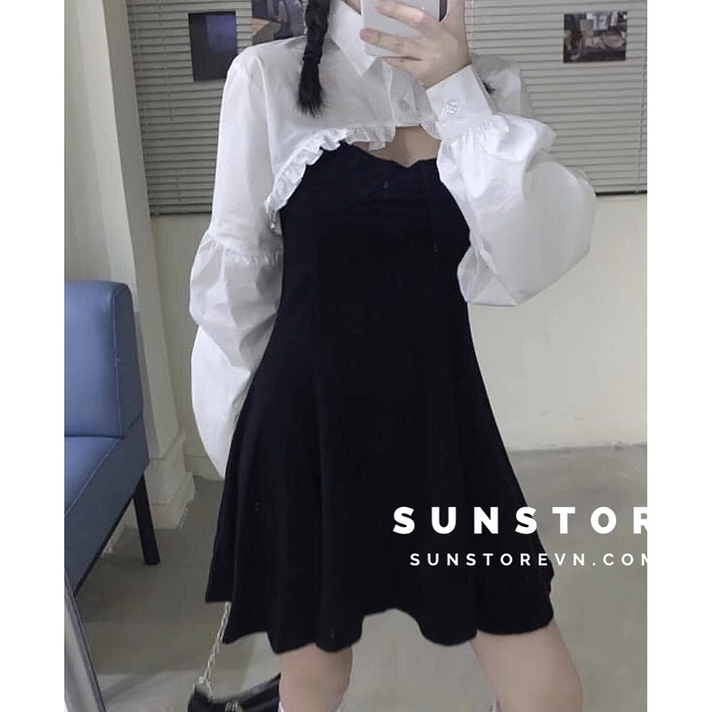 Đầm 2 dây dáng ngắn mini váy xoè màu đen kèm áo sơ mi ngắn dài tay trắng queen set 2s