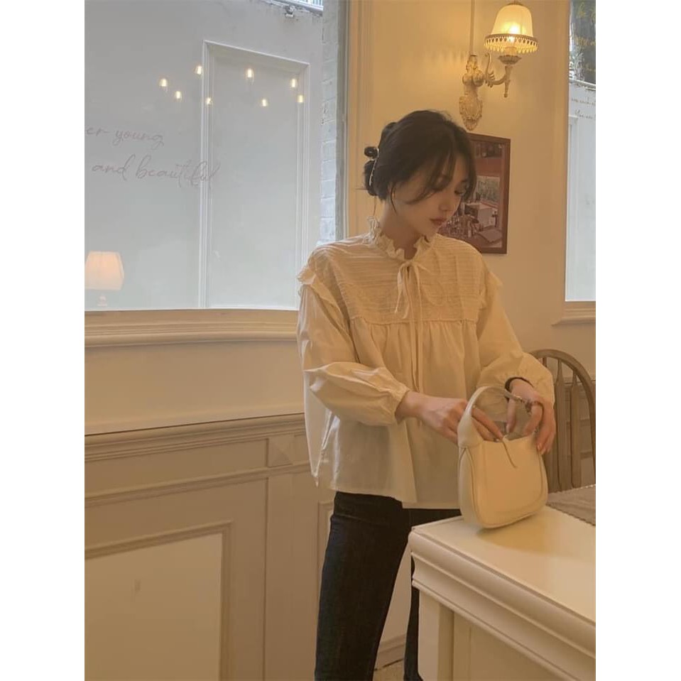 Áo sơ mi babydoll viền ren cánh tiên thắt nơ dài tay ulzzang