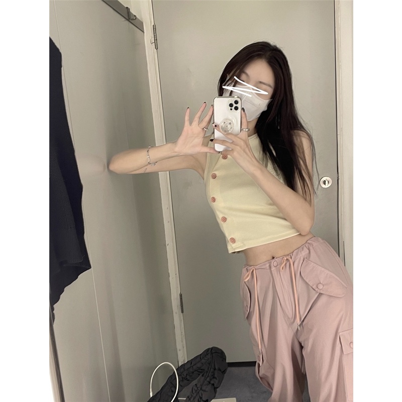 ♦◎Áo Không Tay Dáng Ngắn Phối Nút Cài Màu Hồng Nữ Tính Phong Cách Âu Mỹ