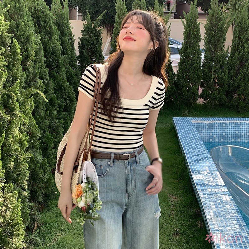 Áo Thun Dệt Kim Kẻ Sọc Dáng Ôm Thời Trang Cho Nữ