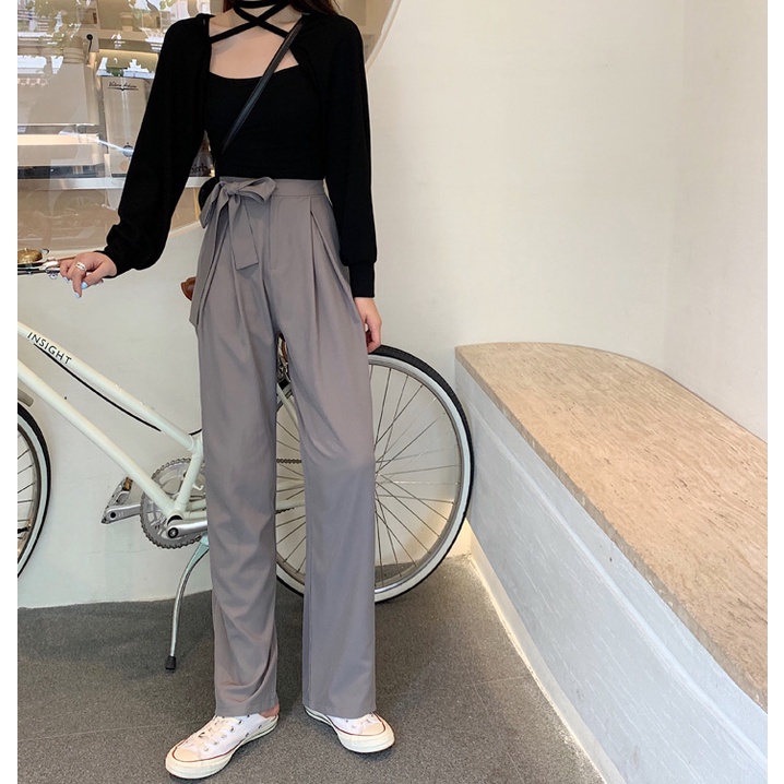 Quần ống suông rộng eo cao màu trơn thời trang Hàn Quốc tối giản cho nữ