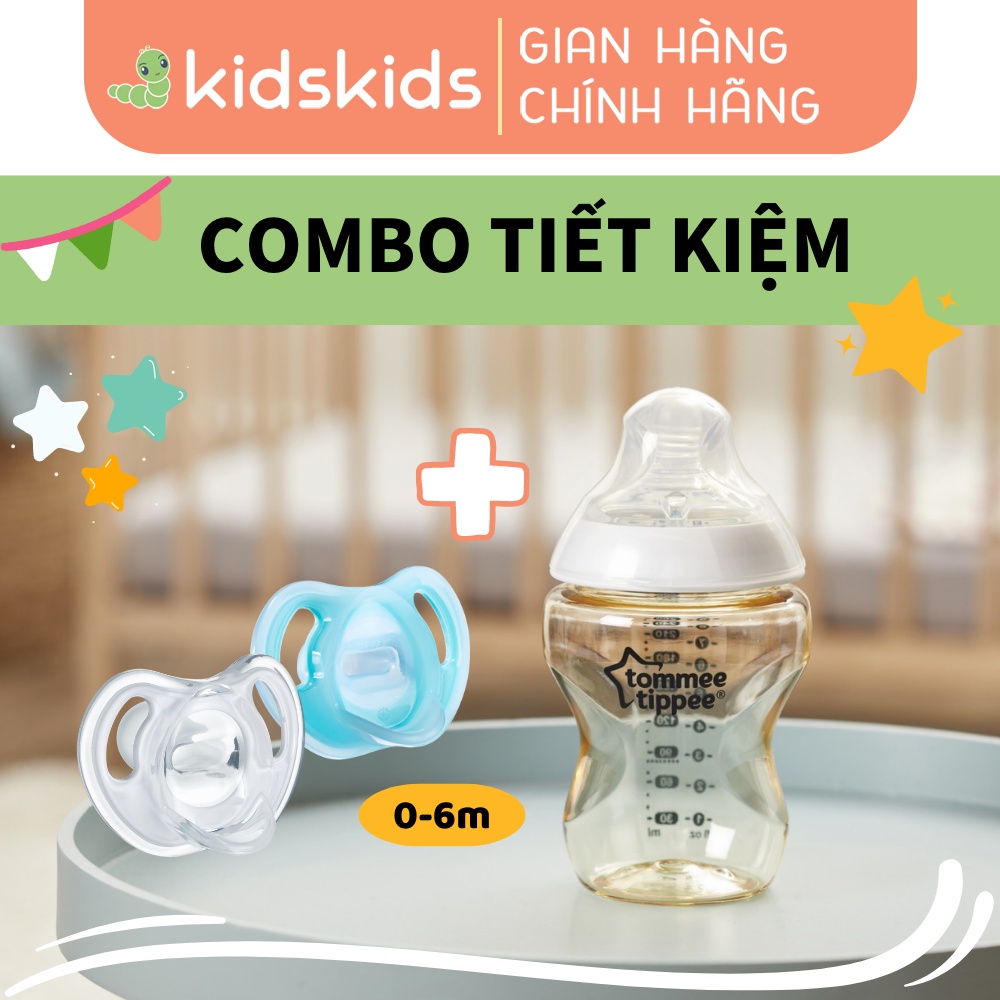 COMBO Ty ngậm silicon siêu nhẹ Tommee Tippee Ultra Light 0-6 tháng (vỉ đôi) &amp; Bình sữa PPSU siêu mềm tự nhiên