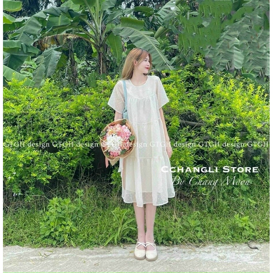 Váy bầu đầm bầu dáng suông chất vải voan hạt nổi xinh xắn cho mẹ bầu đi chơi dự tiệc