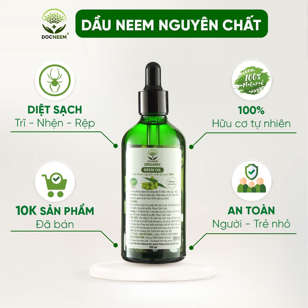 Dầu neem oil DOCNEEM hữu cơ phòng trị sâu bệnh hoa hồng, phong lan, cây cảnh, nguyên chất ép lạnh, hàng chính hãng 100ml