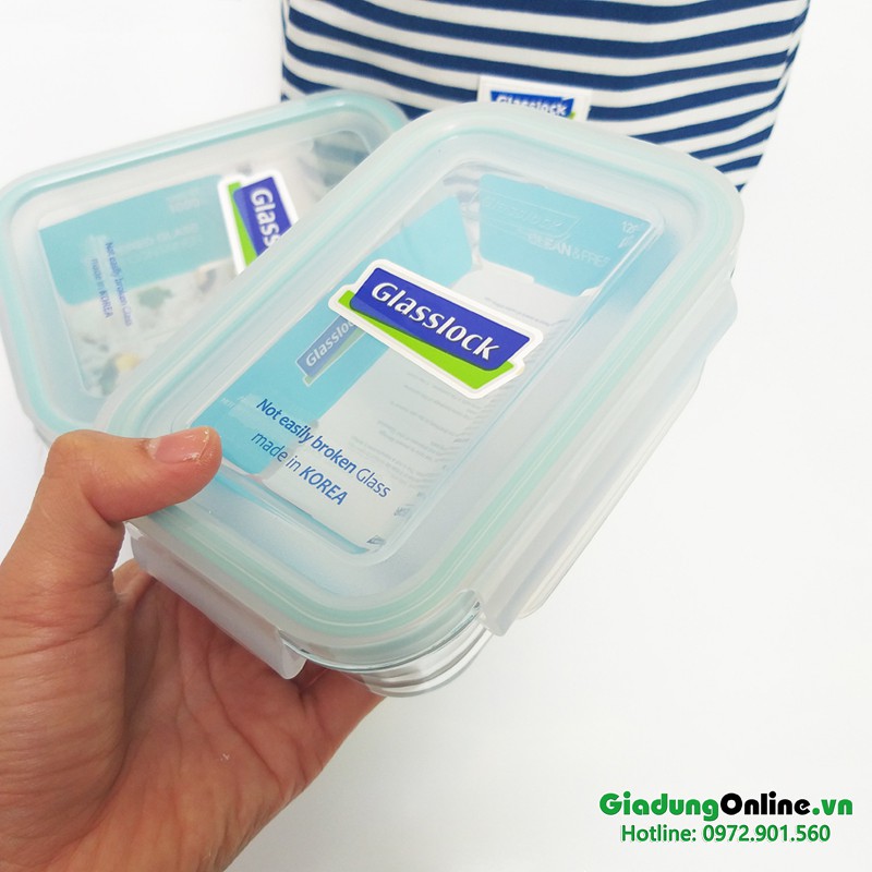 Bộ hộp cơm thủy tinh Glasslock 1000ml chia ngăn + 400ml + túi giữ nhiệt kẻ Hàn Quốc - Larva Store