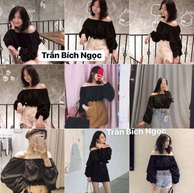 ÁO KAIA CROPTOP - ÁO TRỄ VAI TAY DÀI SIÊU XINH - Áo croptop trễ vai tay phồng nhíu chỉ ulzzang