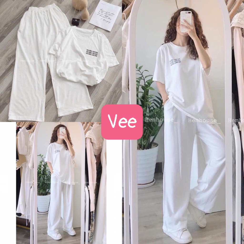 Set quần thể thao ống rộng lưng thun kèm áo phông tay lỡ unisex YOU SMELL/ Bộ hè nữ dáng suông phong cách hàn quốc