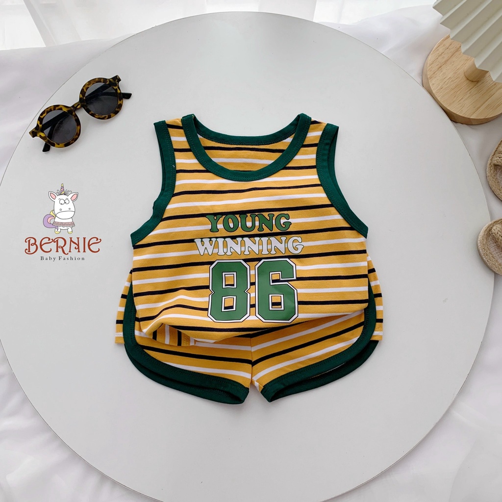 Bộ ba lỗ bé trai hoạ tiết kẻ ngang cá tính, bộ thun không tay thể thao khoẻ khoắn