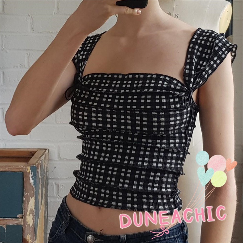 DUNEA Áo Tank Top Hai Dây Hở Lưng Họa Tiết Sọc Caro Thời Trang