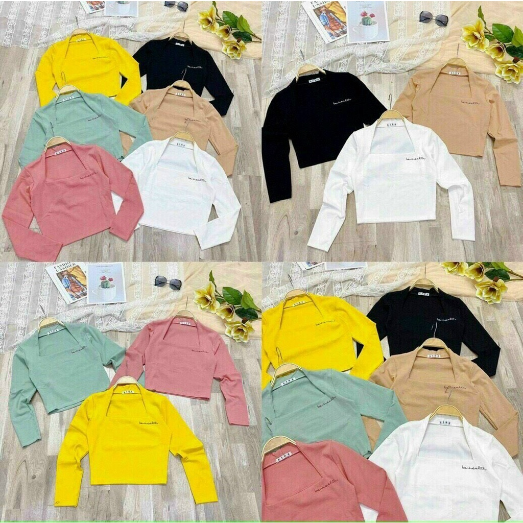 Áo kiểu cổ vuông tay dài thêu chữ cổ cực xinh , chất thun bozip mềm mịn ( ảnh thật )