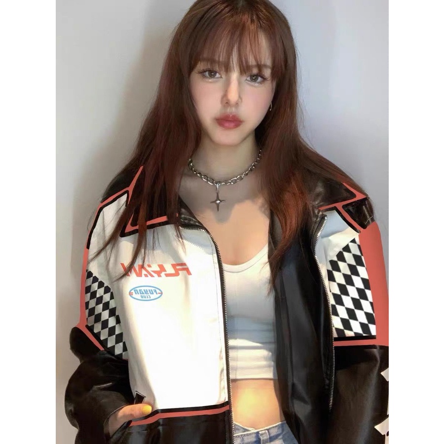 Áo khoác đi xe máy kẻ caro màu tương phản bằng da mùa xuân 2022 cho phụ nữ R5zZ