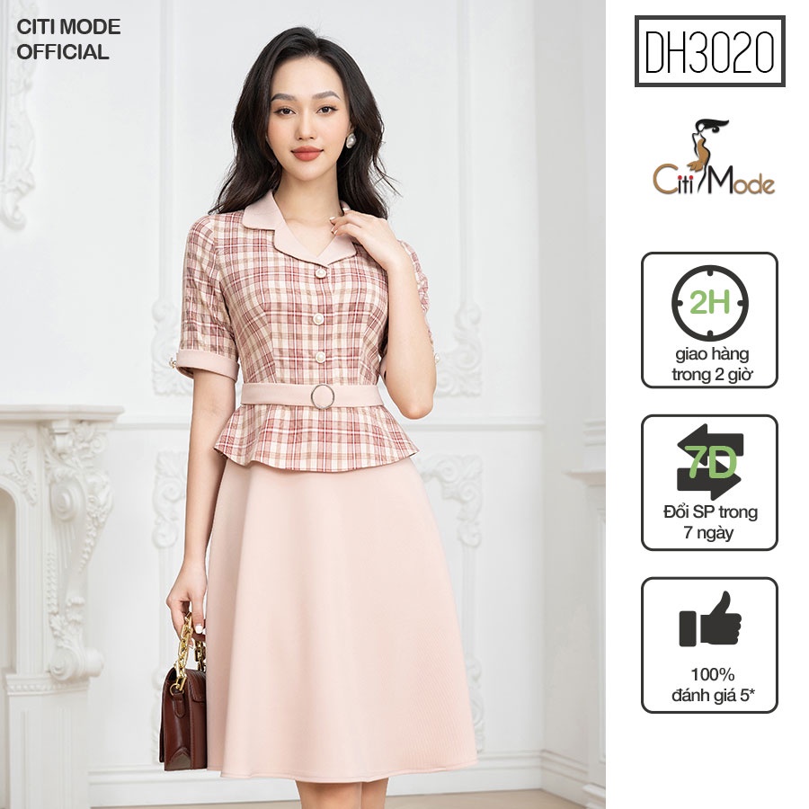 Đầm xòe công sở CITI MODE kẻ caro hồng phối chân xòe DH3020 chất vải co giãn