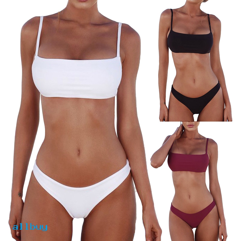 Bộ Đồ Bơi Bikini Hai Mảnh Màu Sắc Trơn Lưng Cao Có Miếng Lót Ngực Dành Cho Nữ