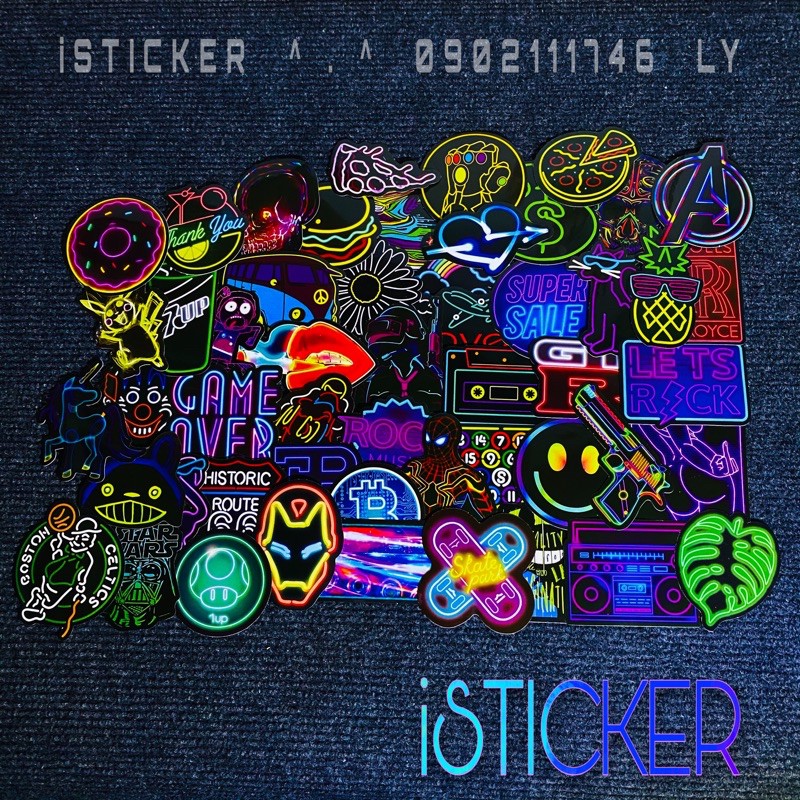 [Set 50 c&aacute;i] Sticker NEON h&igrave;nh d&aacute;n tổng hợp chất liệu PVC CAO CẤP D&Aacute;N XE, VALI, LAPTOP, N&Oacute;N BẢO HIỂM, ĐIỆN THOẠI...