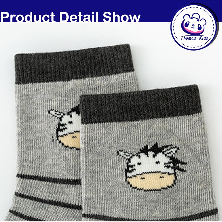 [THOMAS KIDS] Bộ 5 Đôi Vớ Cotton Dài Trung Bình Thấm Hút Mồ Hôi In Họa Tiết Động Vật Dễ Thương Cho Bé 1-12 Tuổi