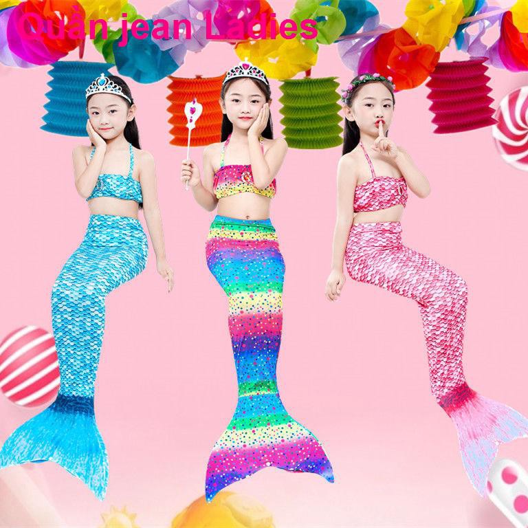 Bộ đồ nàng tiên cá cho trẻ em, áo tắm mùa hè, ba mảnh, cô gái, váy công chúa cá, đuôi đầy màu sắc