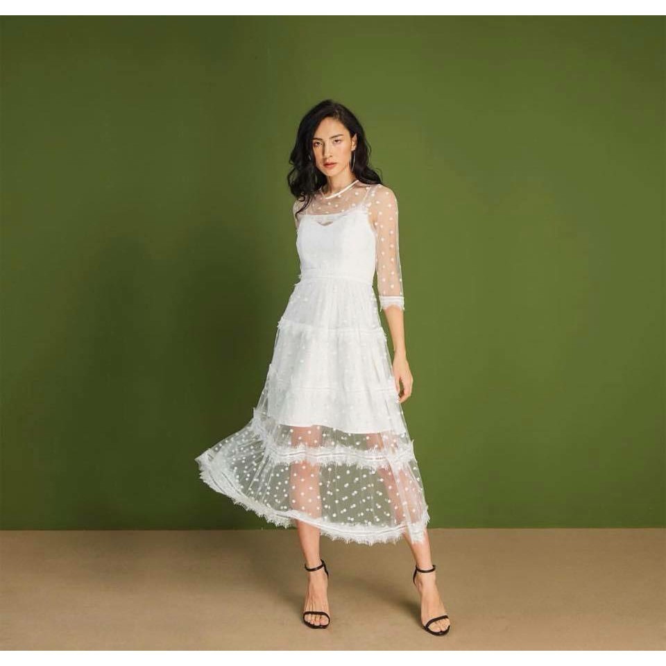 KT025 - Đầm Maxi Trắng Xòe Phối Ren Lưới Bi