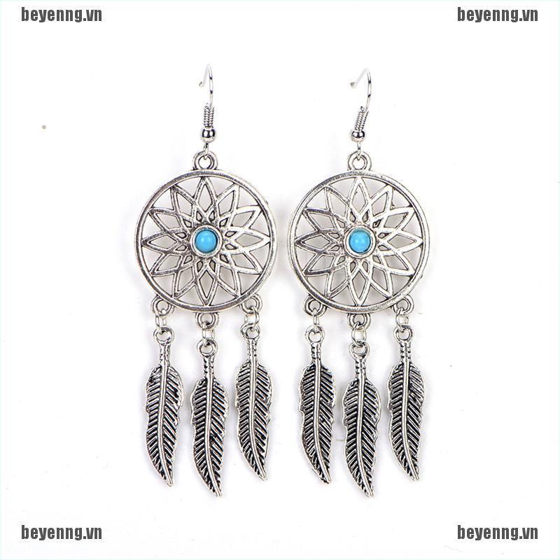 Bộ vòng cổ + Bông Tai Hình Dreamcatcher Đính Lông Vũ Phong Cách Bohemian