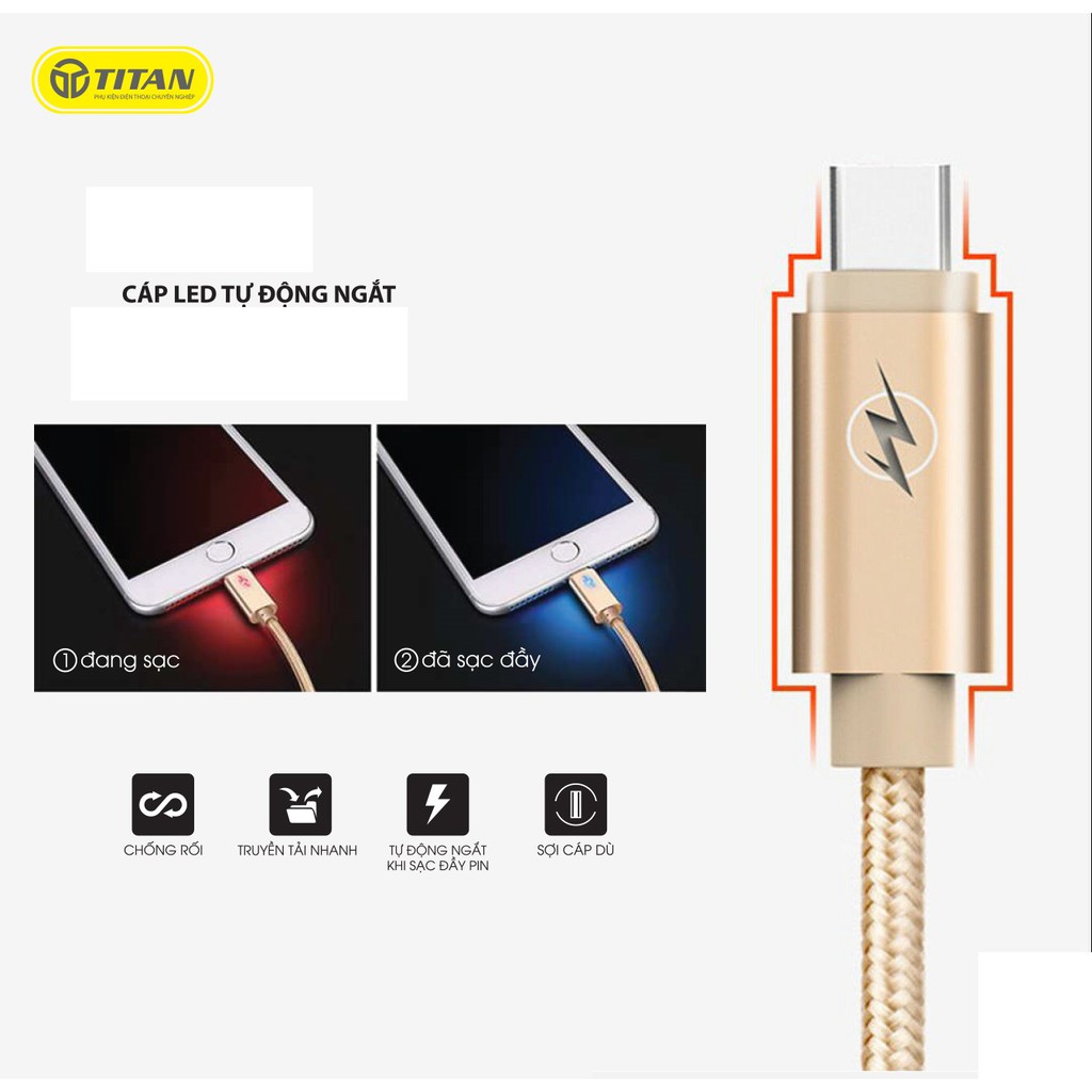 Cáp led Tự ngắt IPhone/ Micro USB/ Type C dài 3M Titan - Bảo hành 12 tháng