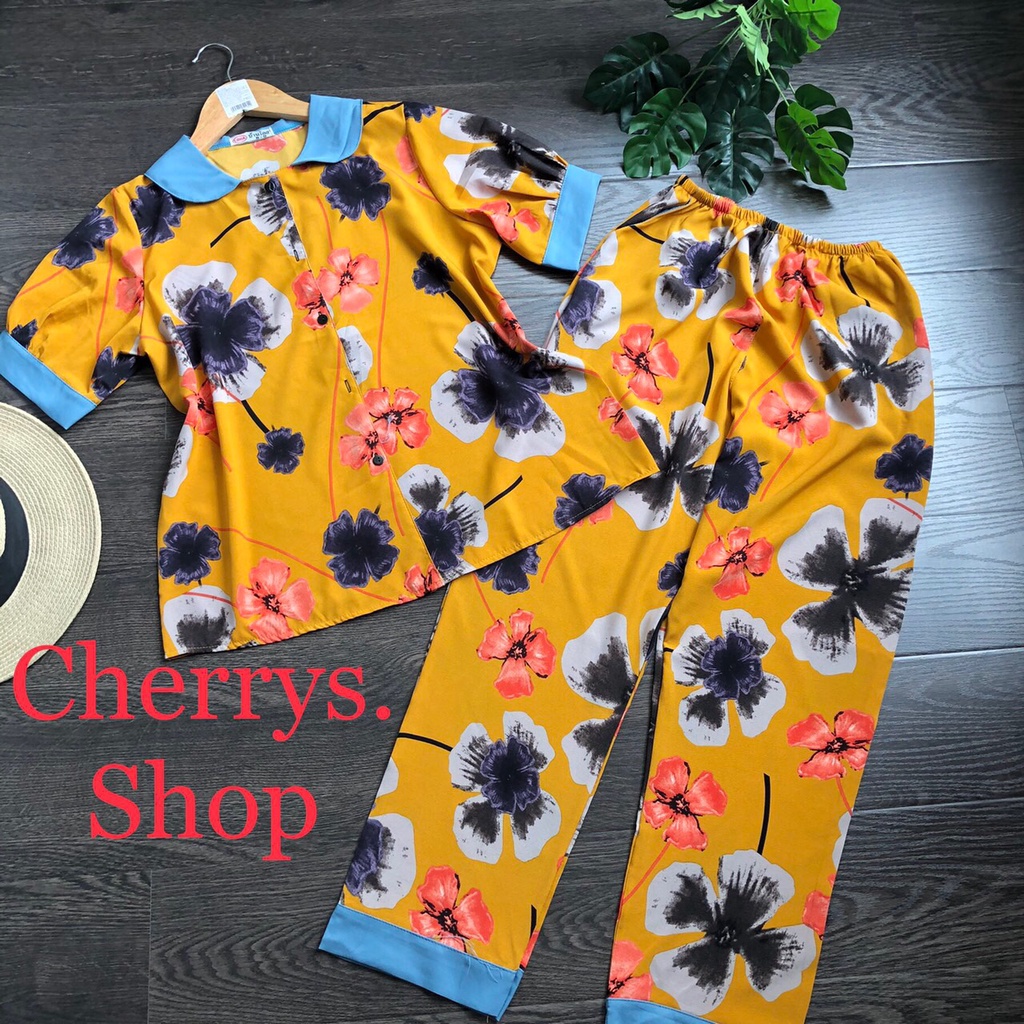 Đồ bộ lụa thái cổ sen tay phồng cộc tay quần dài -Đồ bộ ngủ mặc nhà siêu xinh