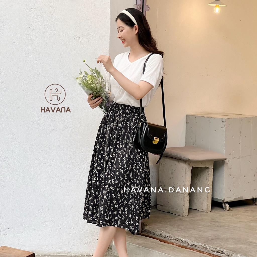 Chân váy voan hoa nhí vintage, váy hoa nhí dáng dài freesize chun co giãn kèm lớp lót AE183