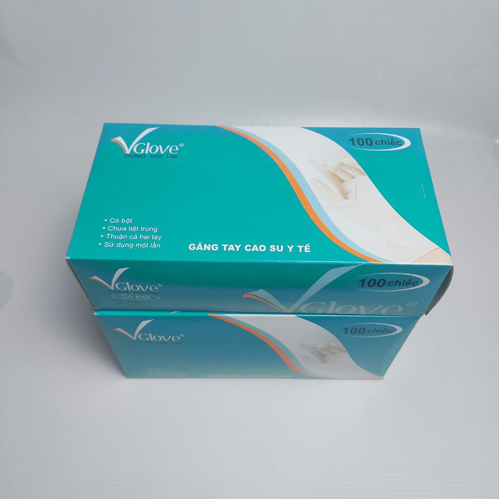 Găng tay cao su y tế Vglove có bột màu trắng S, M, L, XL (Hộp 100 chiếc)