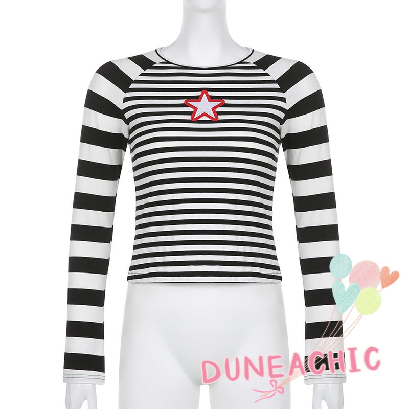DUNEA Áo Croptop Tay Dài Kẻ Sọc In Hình Ngôi Sao Thời Trang Cho Nữ