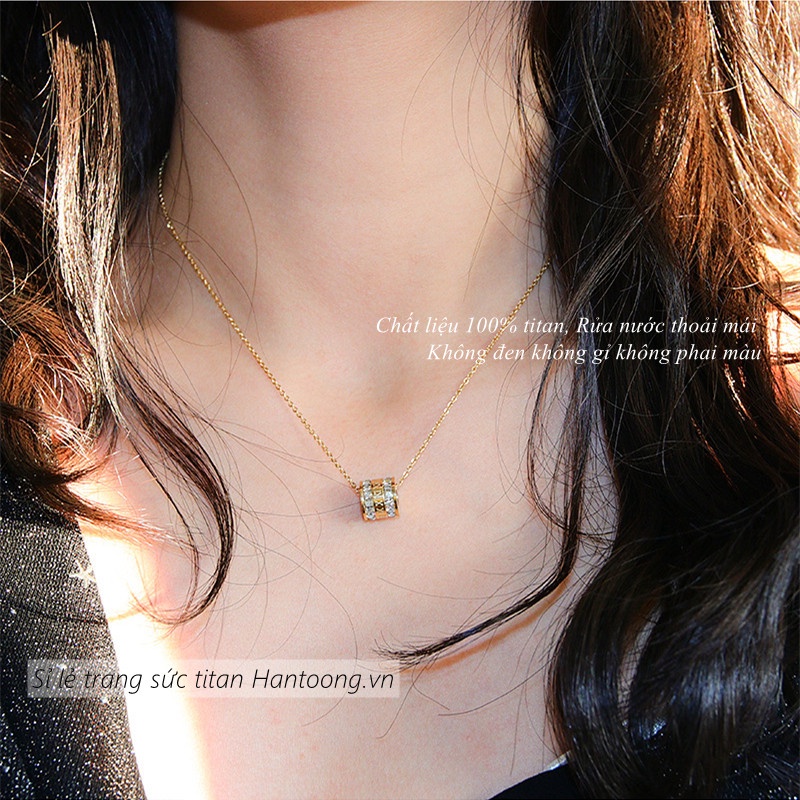 Vòng cổ titan nữ không gỉ mạ vàng 18k thiết kế khắc số la mã đính đá thời trang đơn giản
